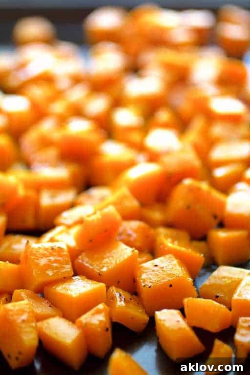 Photo of roasted butternut squash on sheet pan.