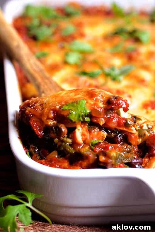 Fiesta Chicken Casserole 8 A close-up, mouth-watering photo of a spoonful of Mexican Chicken Poblano and Black Bean Tortilla Casserole being expertly scooped out of the baking dish, revealing the rich layers and textures.