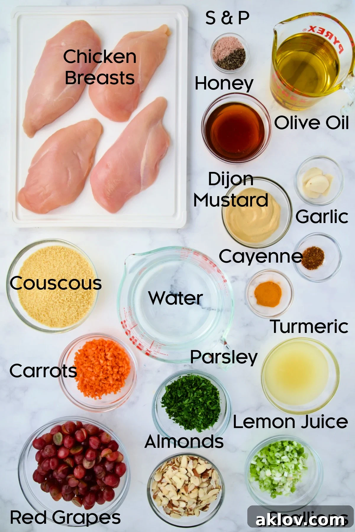 Ingredients for Chicken Couscous Salad in glass bowls.