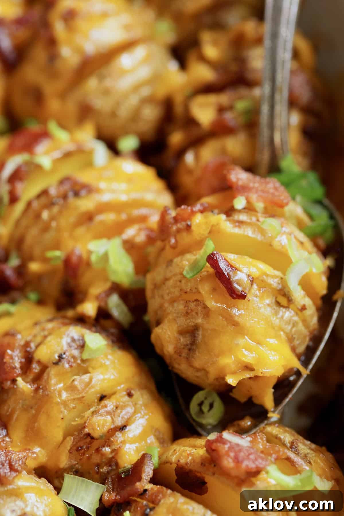 Close-up photo of one potato being served with serving spoon.