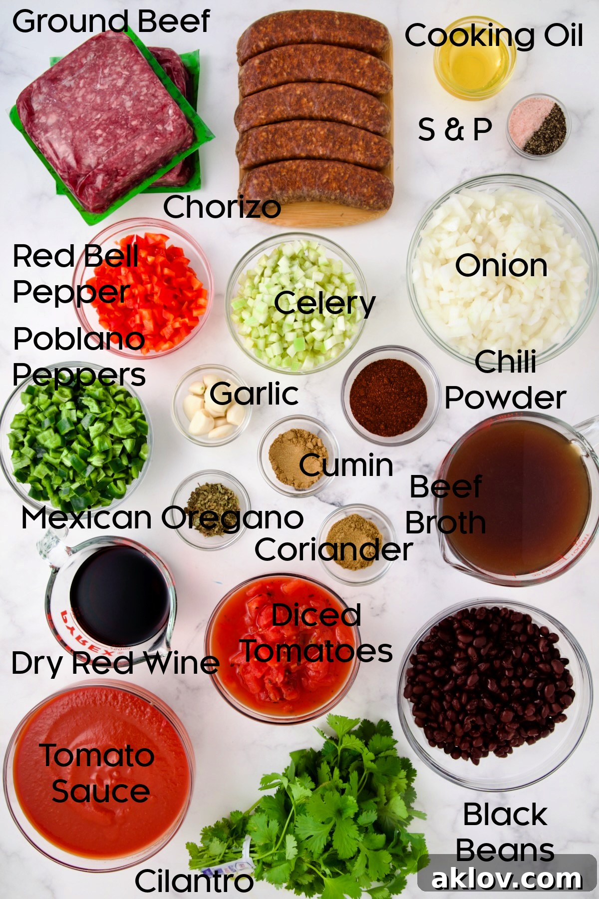 Ingredients for Beef and Chorizo Chili in glass bowls.