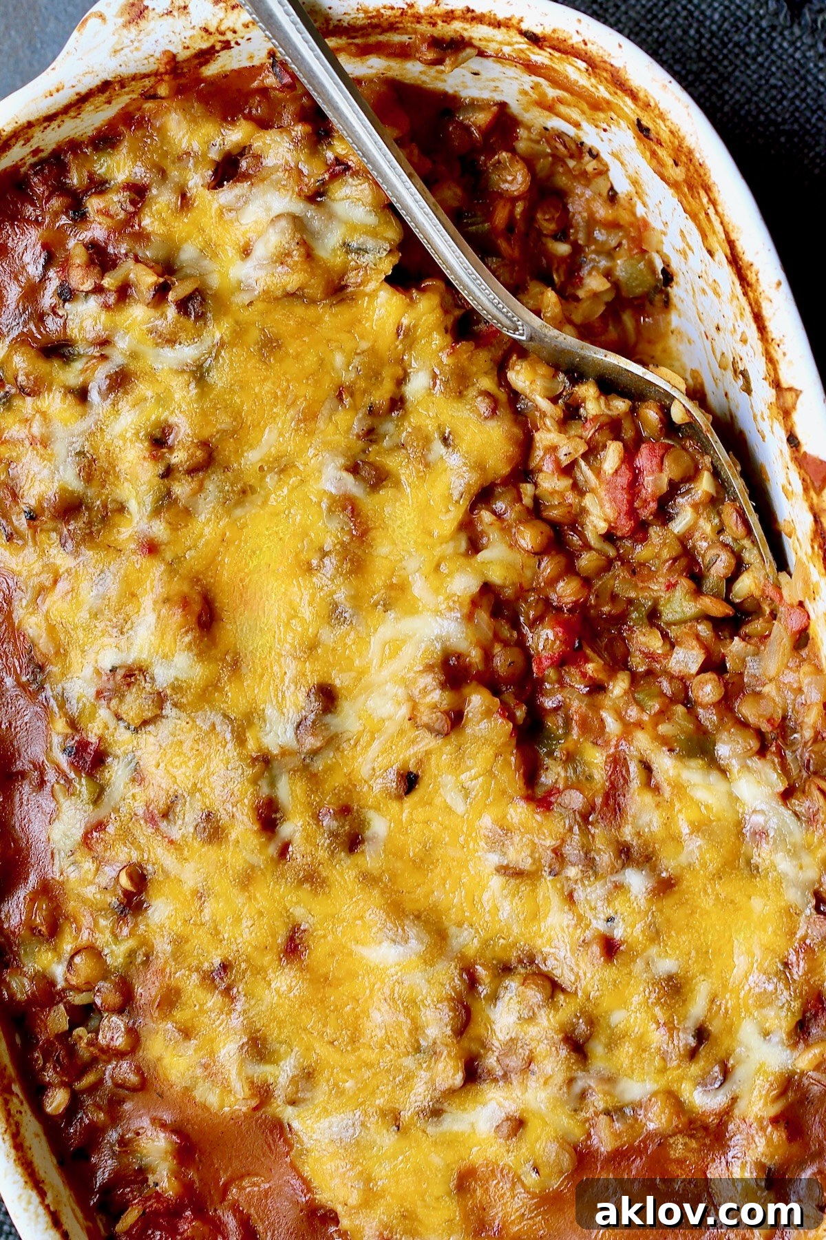 A close-up of a serving of Southwestern Lentil and Brown Rice Bake removed from the main dish, highlighting its rich texture and melty cheese.