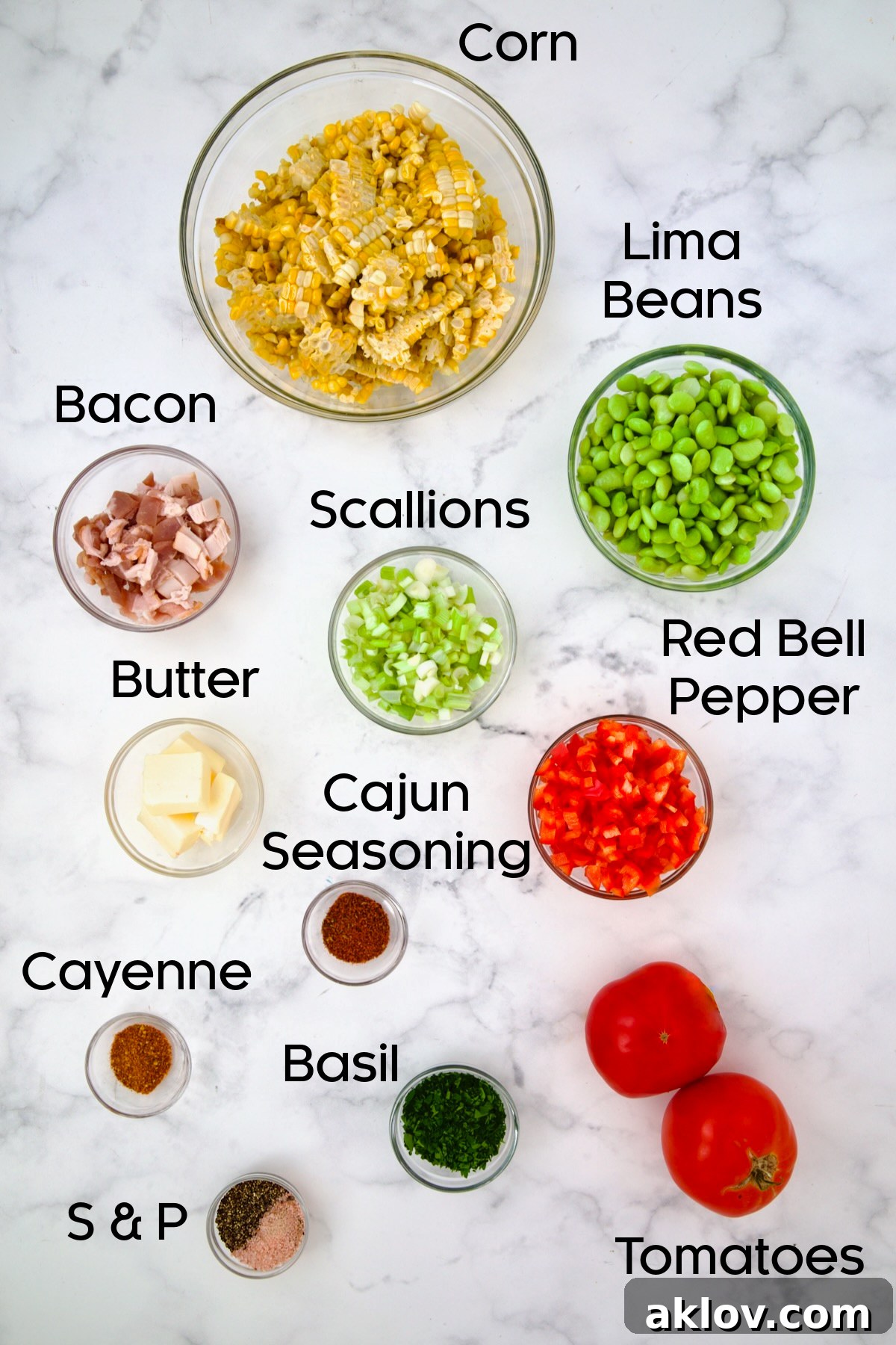 Ingredients for Grilled Corn Succotash in glass bowls.