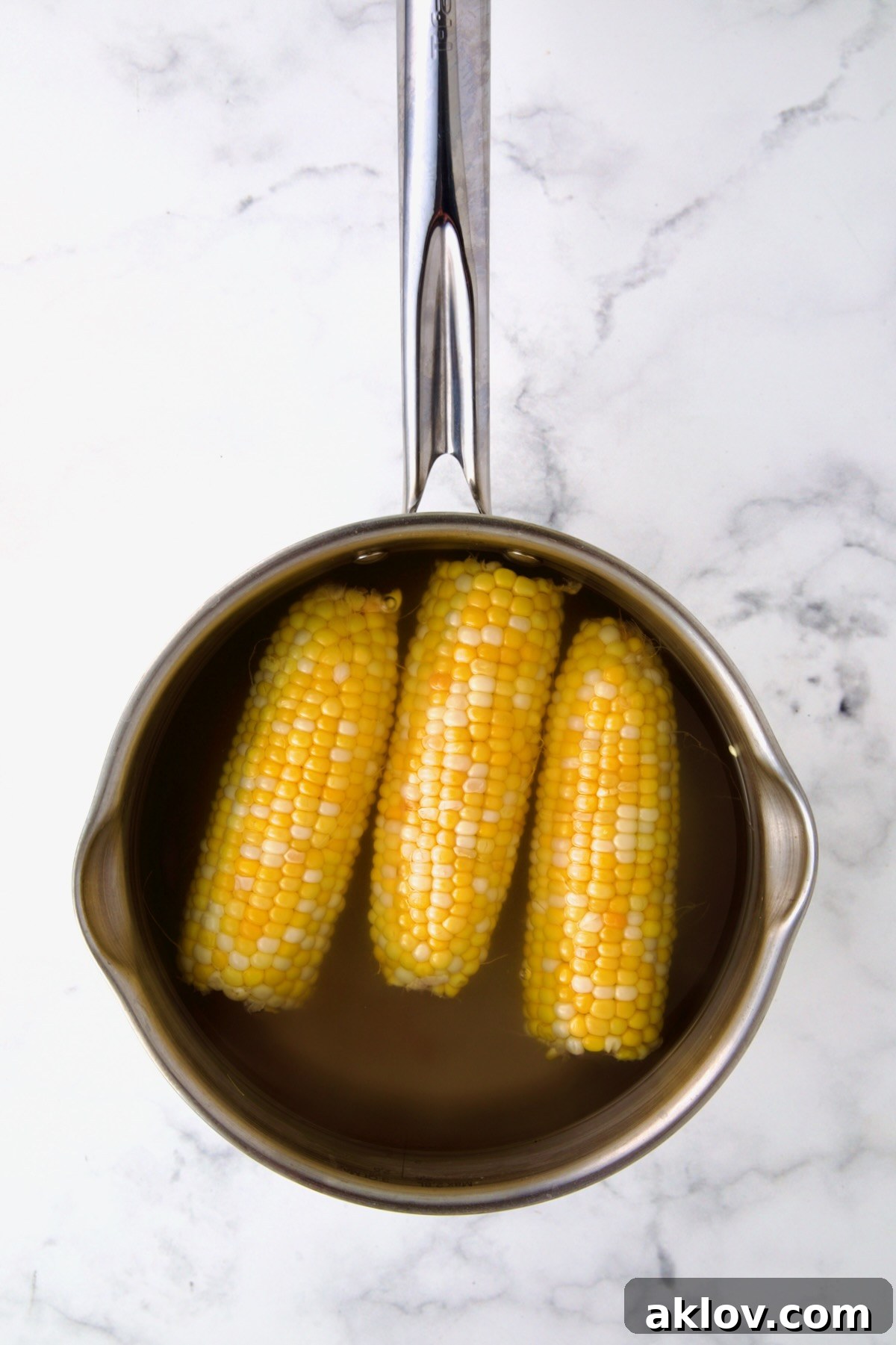Three ears of corn in boiling water in stainless steel saucepan.