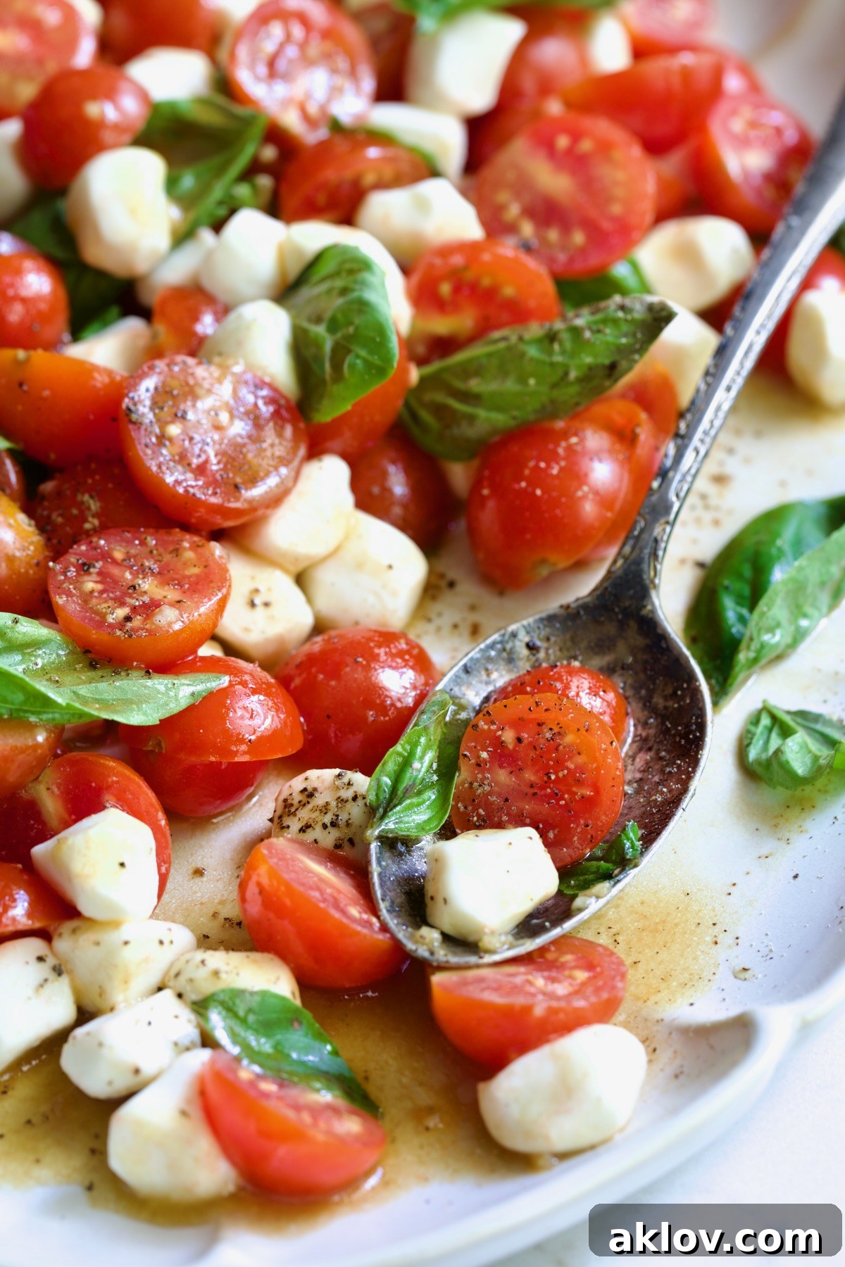 A close-up view of the prepared Caprese Salad with Cherry Tomatoes on a white oval platter, garnished with fresh basil leaves.