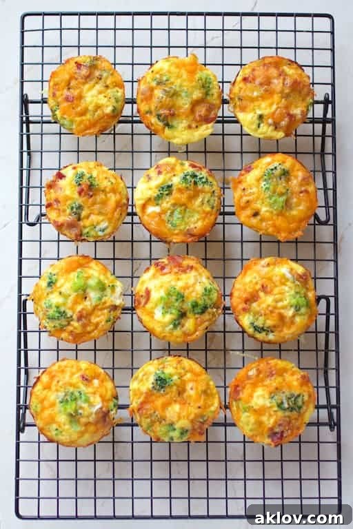 Grab-and-Go Savory Egg Tarts 3 A dozen perfectly baked Spaghetti Squash Broccoli Bacon and Cheddar Mini Quiches arranged neatly on a cooling rack.