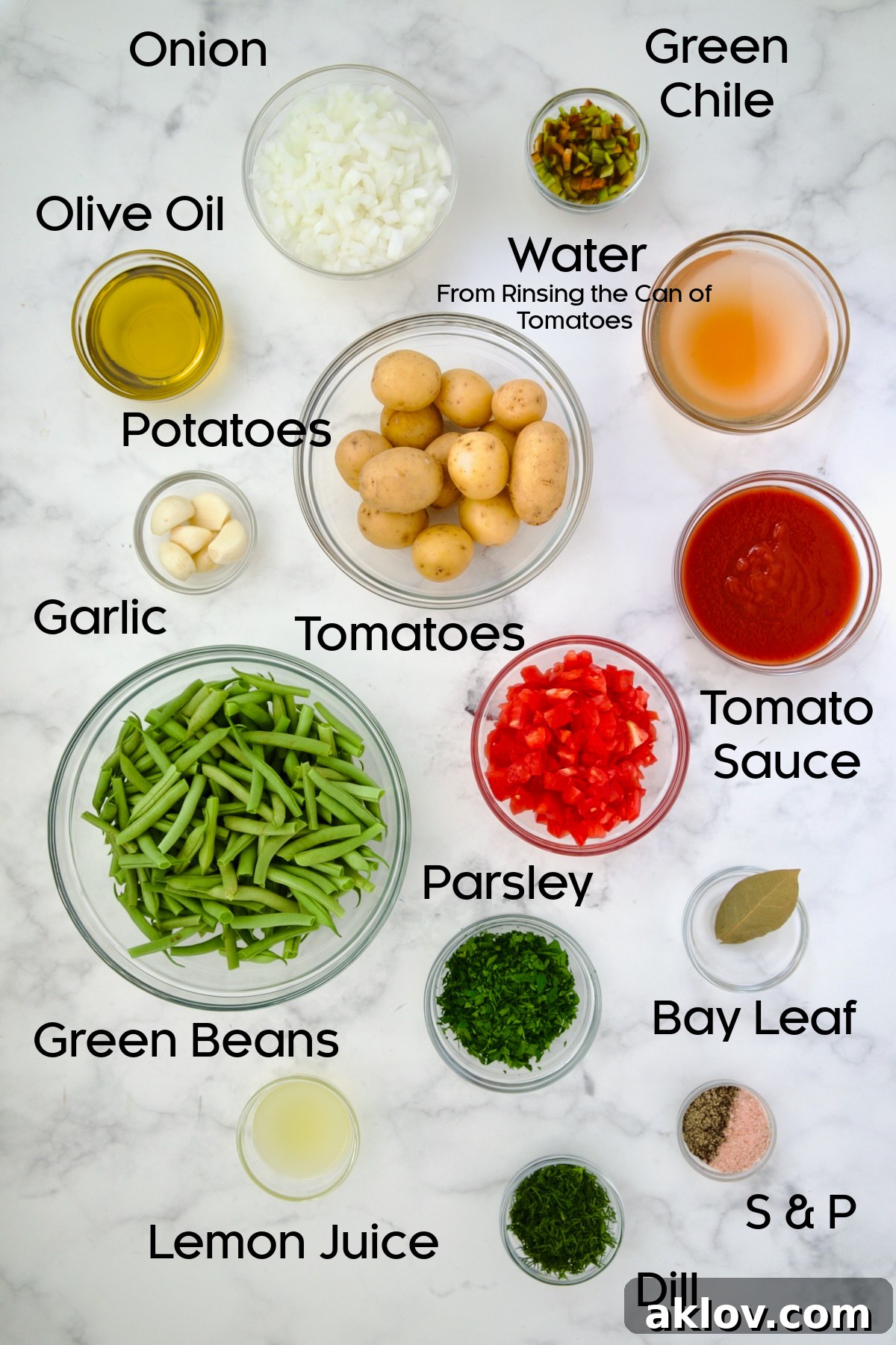 Ingredients for Fasolakia in glass bowls.