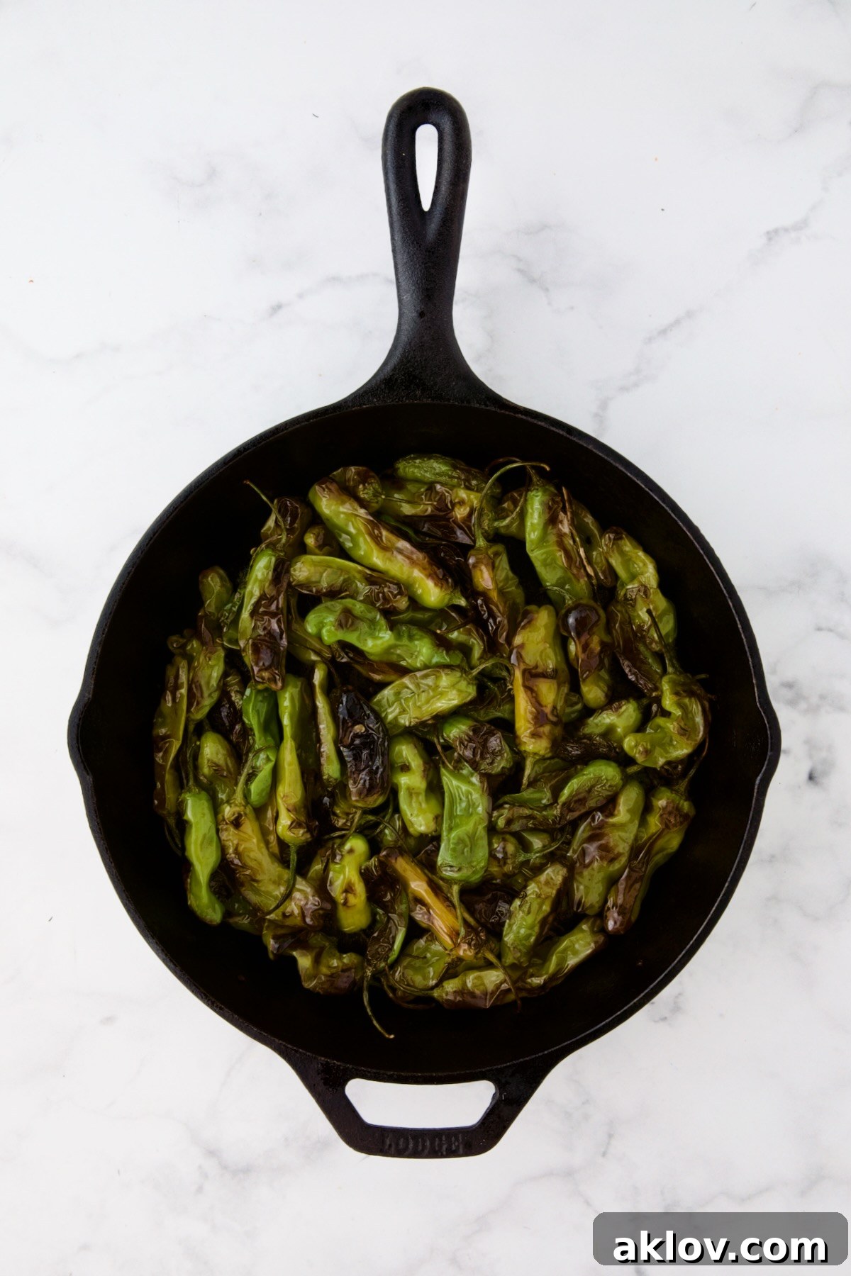 Perfectly blistered shishito peppers, showing a good char and tender appearance, cooked in a cast iron skillet.