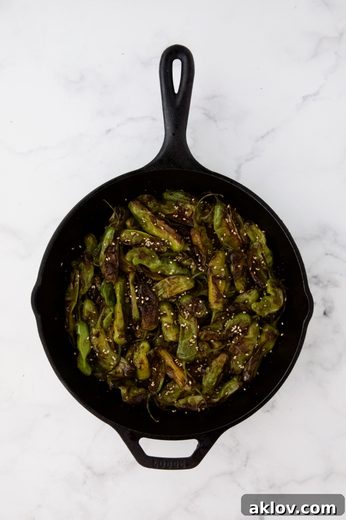 Blistered shishito peppers in a cast iron skillet, freshly seasoned with togarashi spice blend and a sprinkle of sesame seeds, ready to serve.