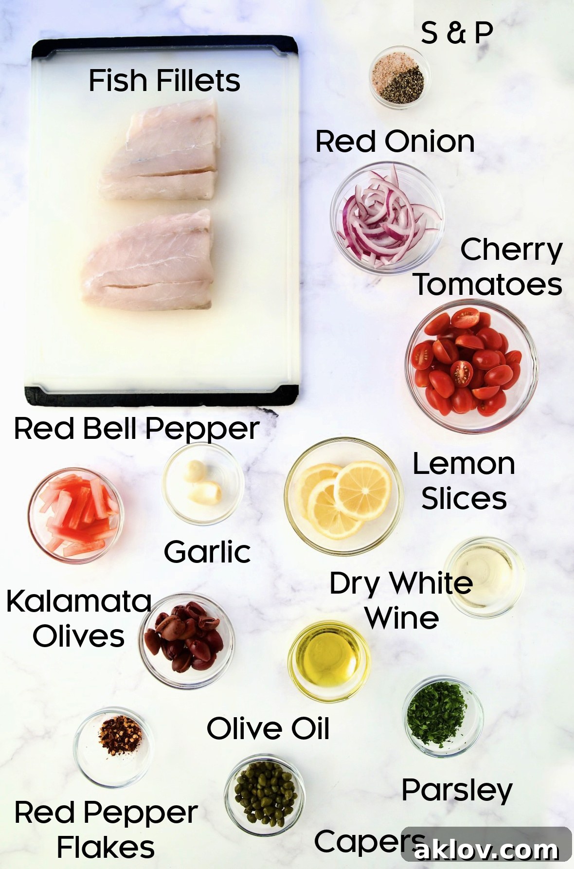 Flavorful Mediterranean Fish Parcels 4 Ingredients for Mediterranean Fish en Papillote in glass bowls.