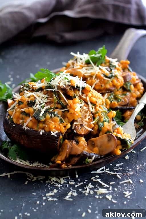 Photo of Barley Risotto Stuffed Portobello Mushrooms with a fork taking some of the stuffing off the mushroom, showing the delicious interior.