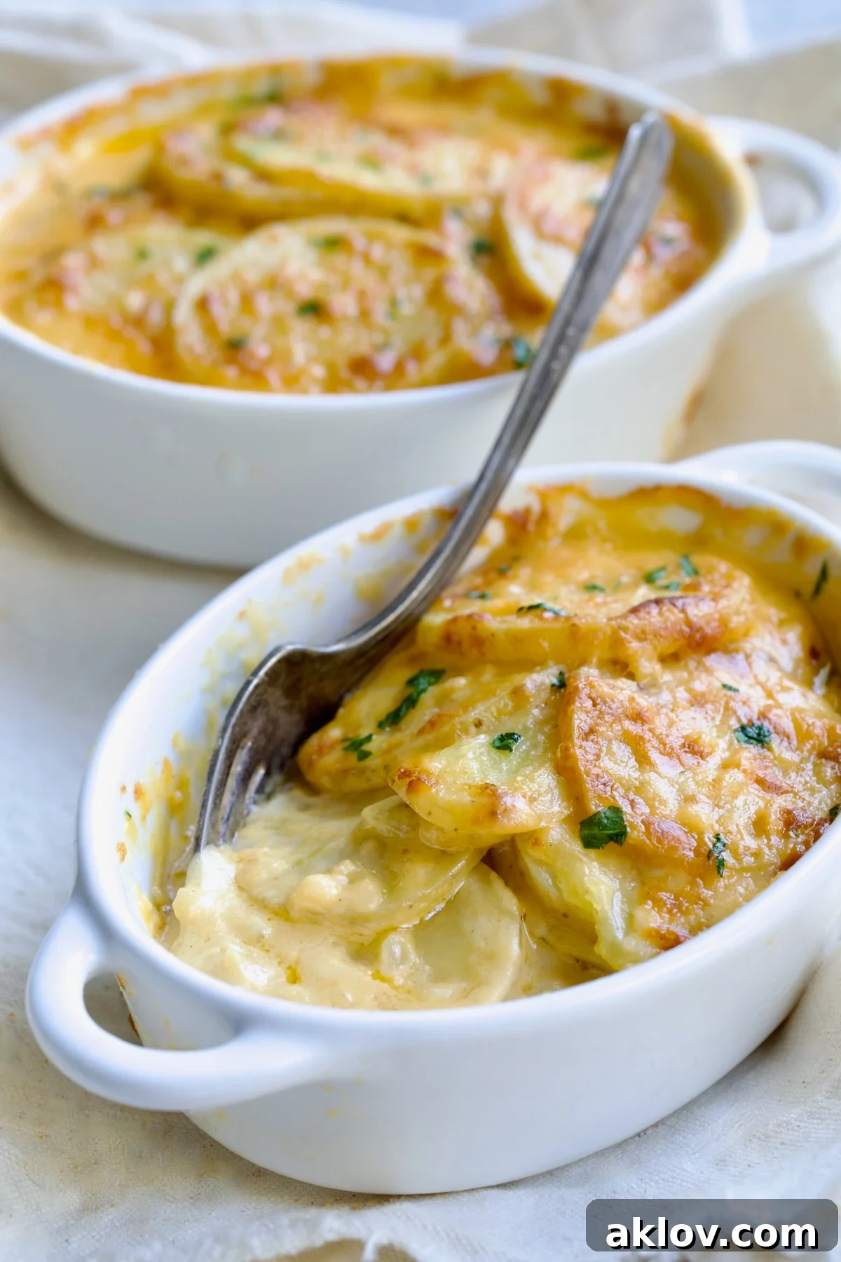 A final shot of two white oval dishes of Au Gratin Potatoes for Two, with a fork showcasing the cheesy layers in one.