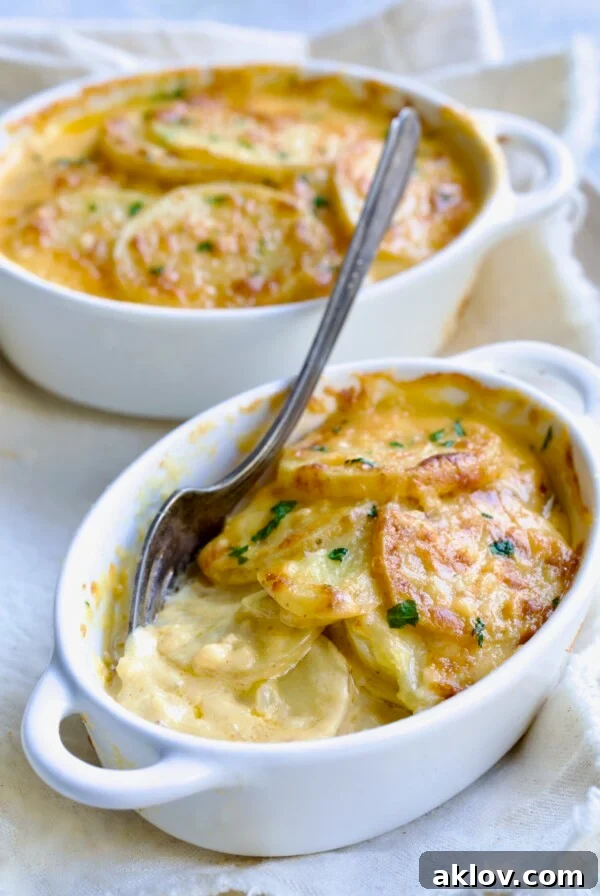 Two oval dishes of Au Gratin Potatoes for Two with fork digging into one.