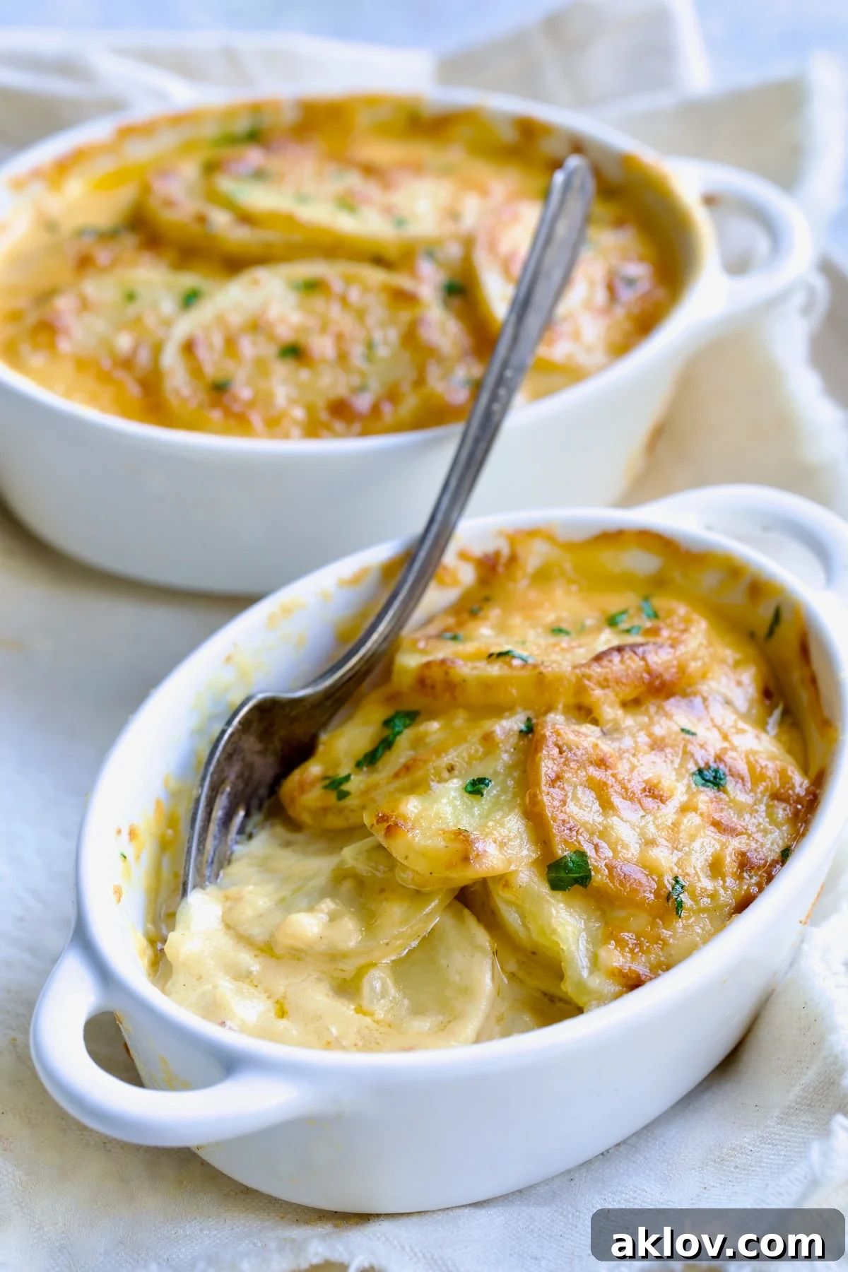 Two elegant oval dishes showcasing Au Gratin Potatoes for Two, with a fork gently scooping from one.