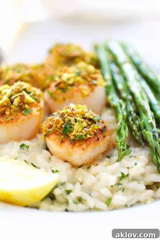 Close-up photo of Pistachio Crusted Sea Scallops with Champagne Risotto and Roasted Asparagus, highlighting the textures.