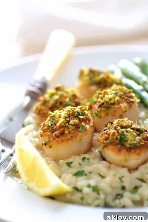 Close-up photo of the finished Pistachio Crusted Sea Scallops with Champagne Risotto and Roasted Asparagus, ready to be served.
