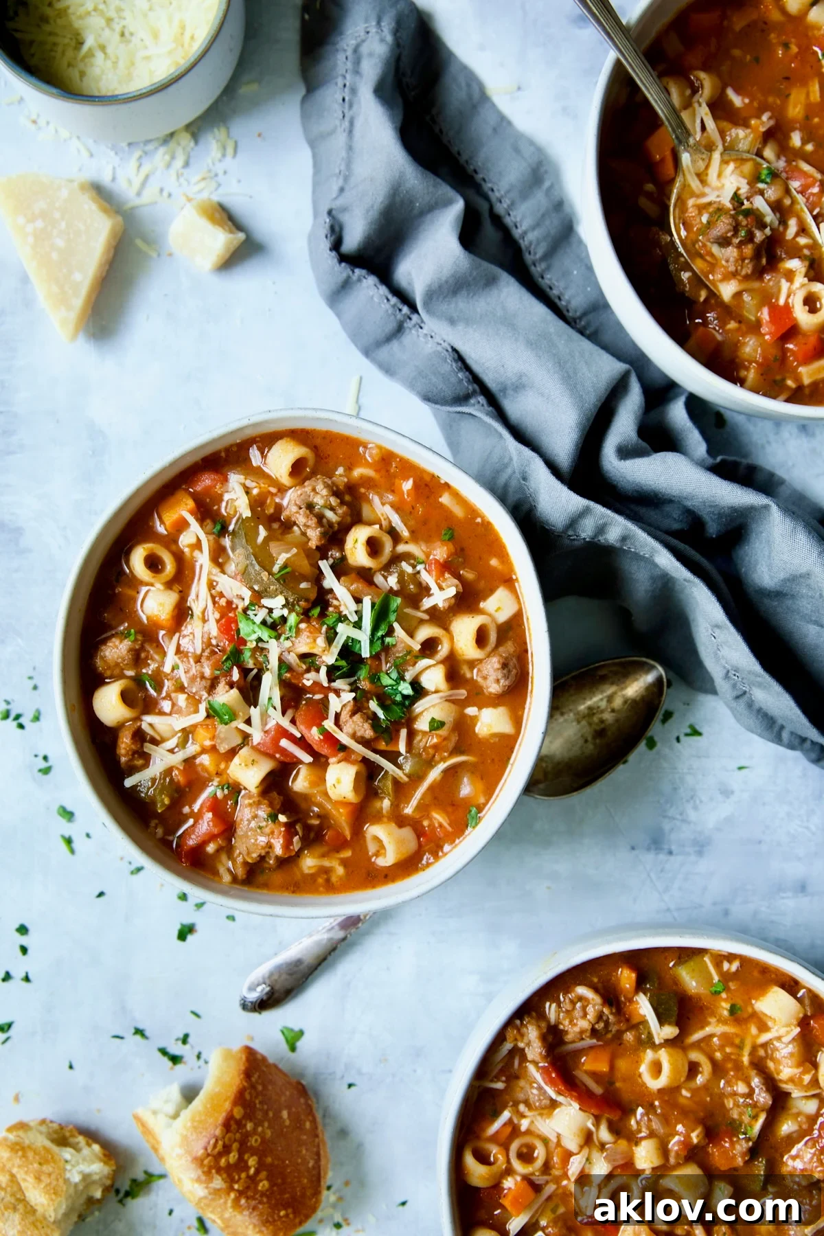 Three bowls of Italian Sausage Soup artfully arranged on a blue background.