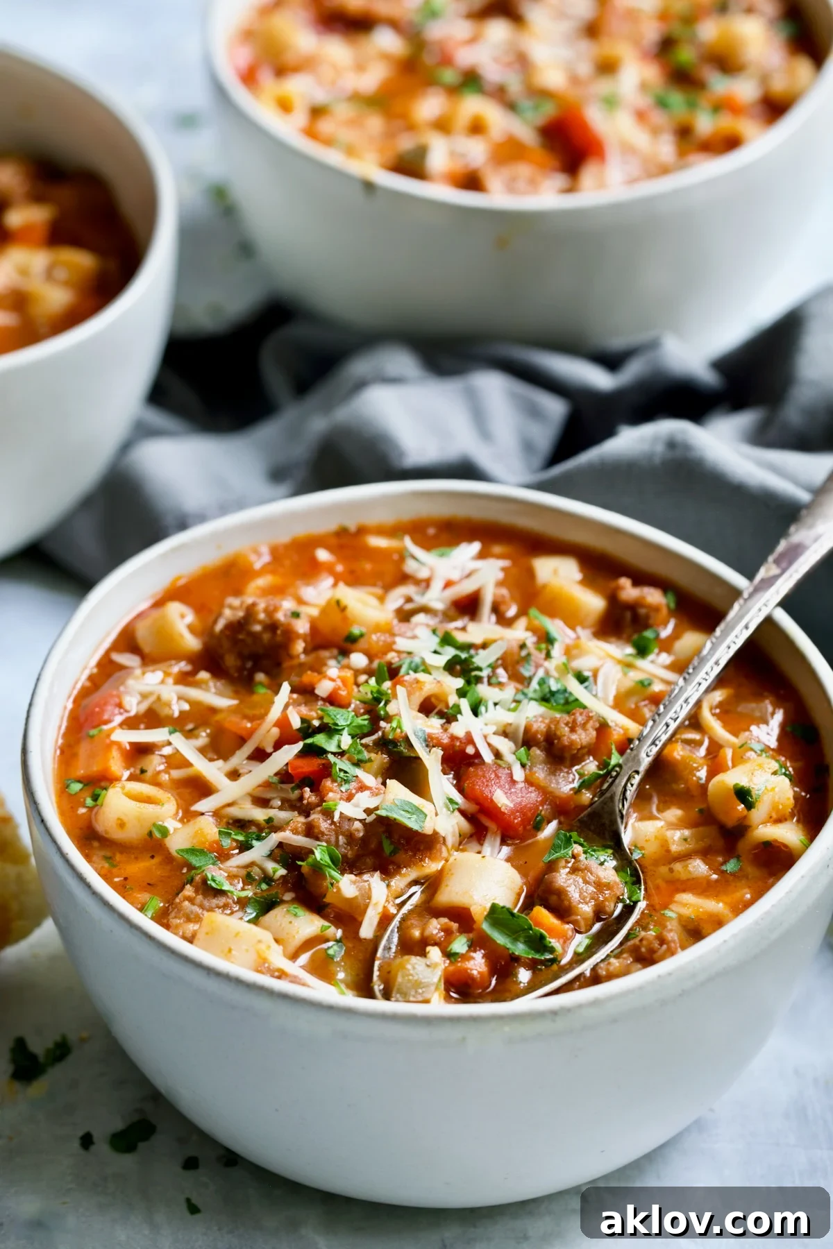 A white bowl filled with Italian Sausage Soup, garnished with Parmesan, with a spoon resting inside.