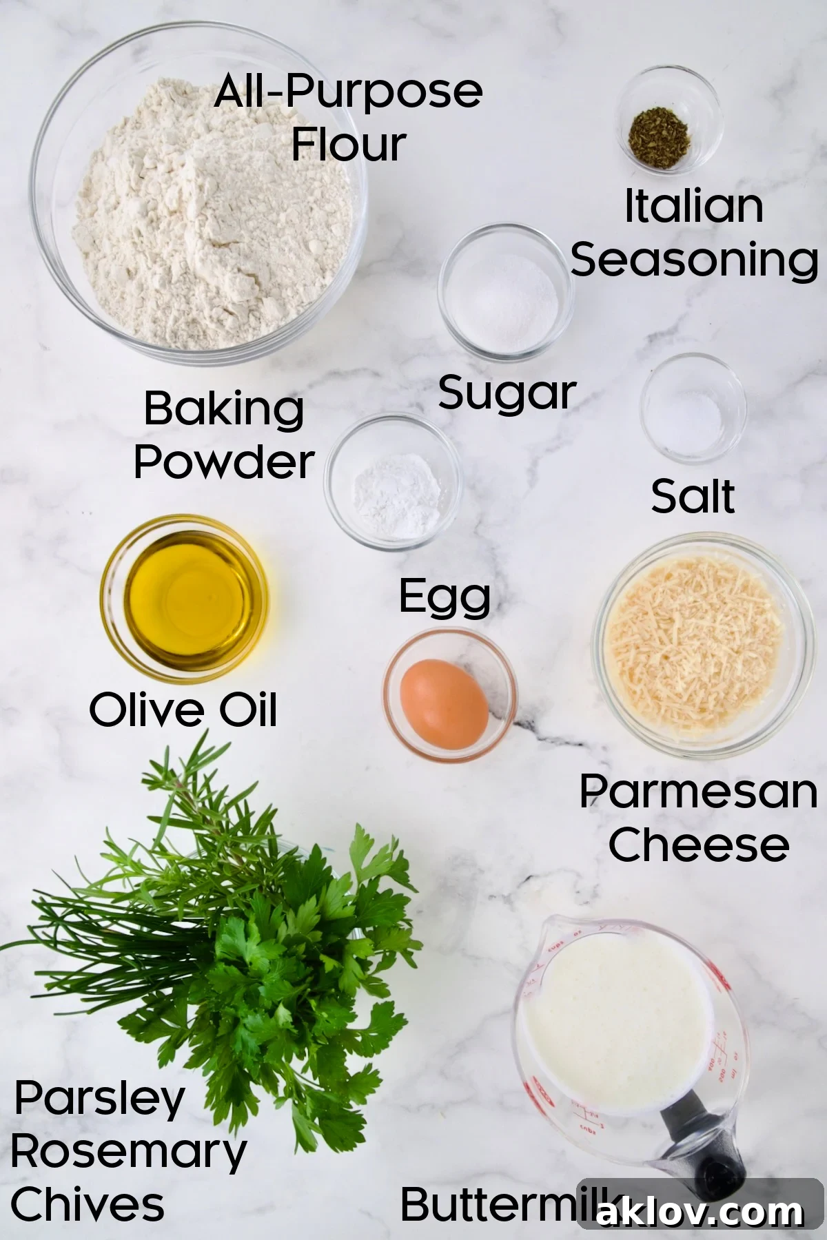Various ingredients for Easy Herb Bread, neatly arranged in glass bowls.