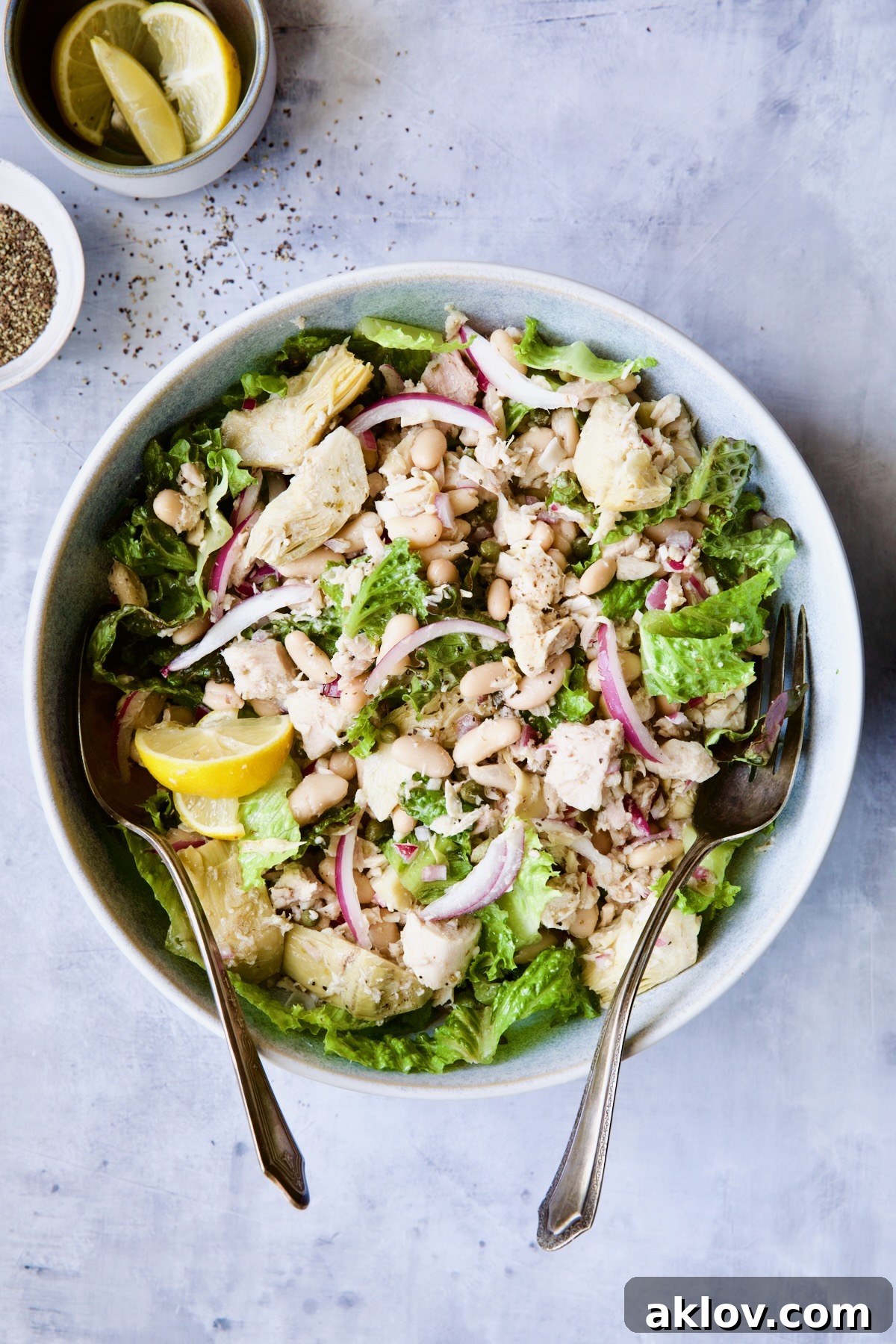 Tuna, White Bean and Artichoke Salad in serving bowl on blue background.