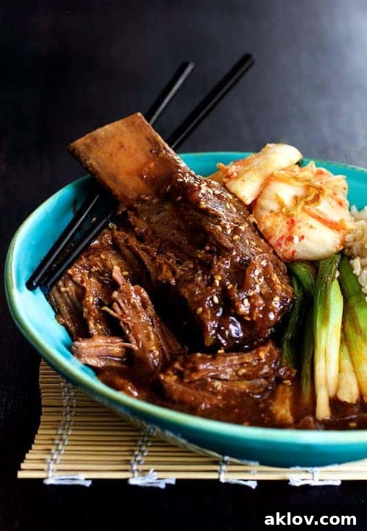 Korean Braised Beef Short Ribs in blue bowl.