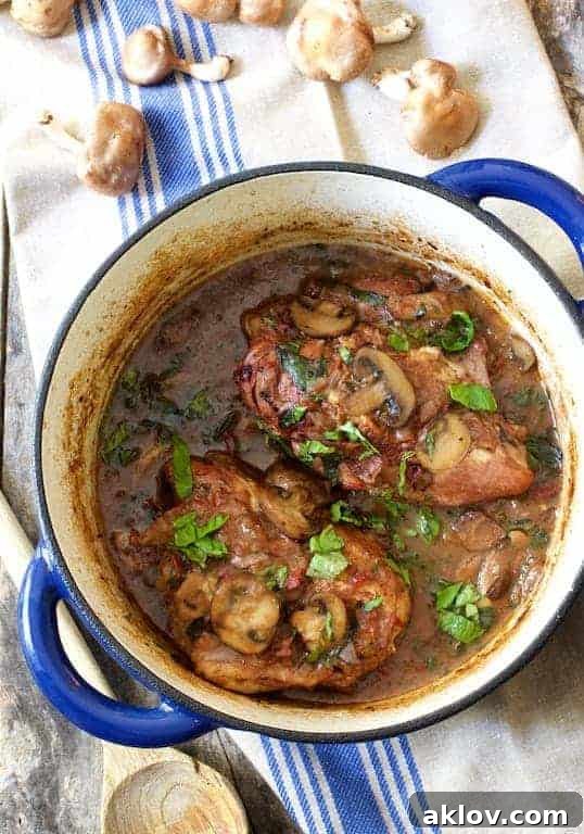 Chicken Pinot Noir in blue Dutch oven on blue striped towel.