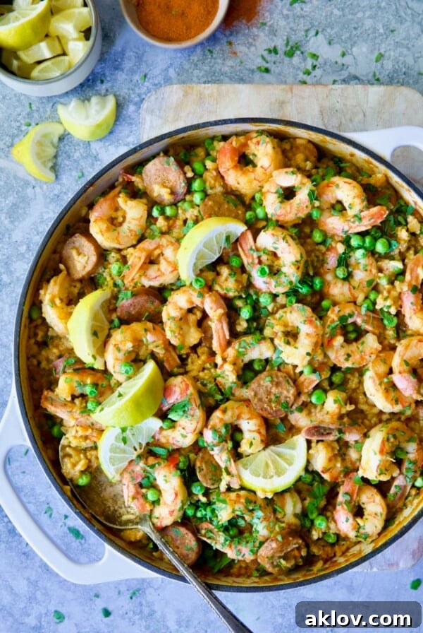 Brown Rice Paella with Shrimp and Chorizo in white enamel cast iron skillet on wood cutting board.