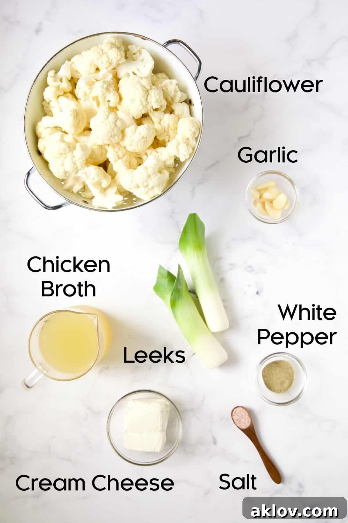 Fresh ingredients for the Cauliflower Leek Puree, neatly arranged and ready for cooking.