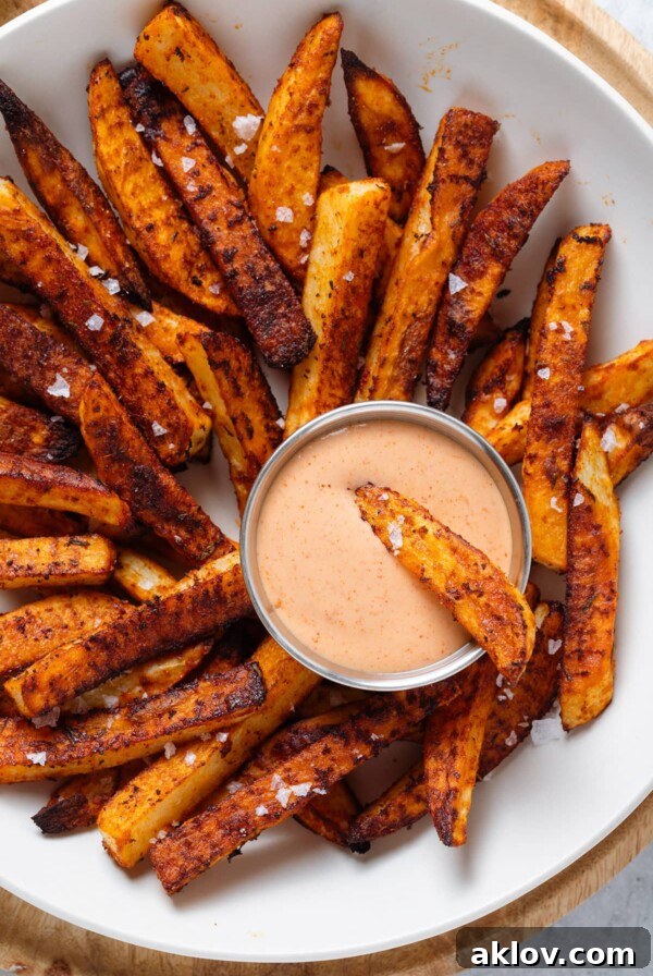 Cajun Fries with House Sauce on white platter, a spicy and crispy indulgence.