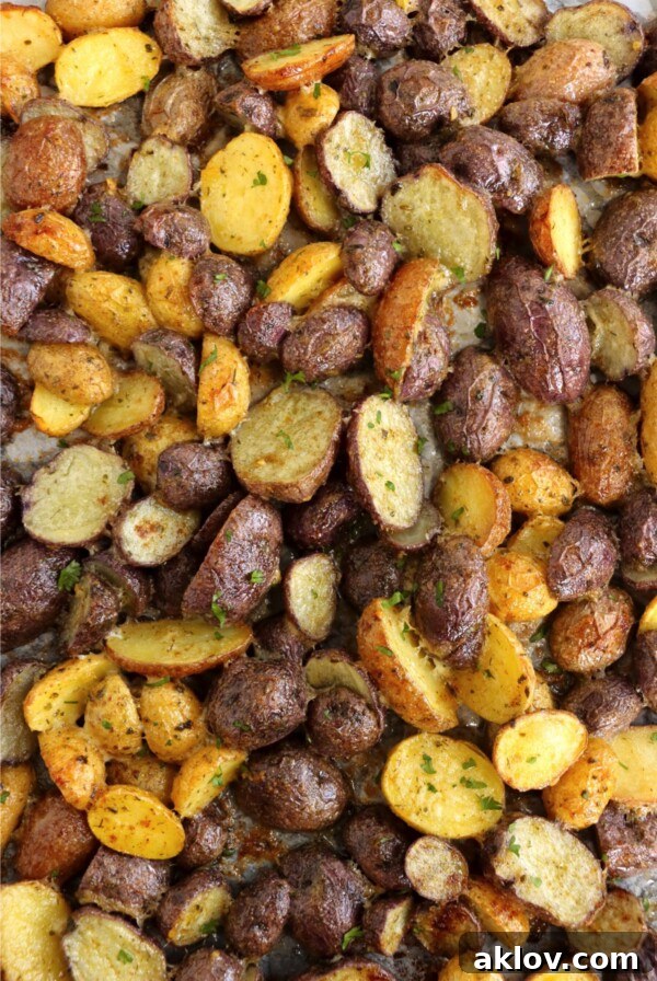 Mayonnaise Potatoes on baking sheet, roasted to a perfect crisp.