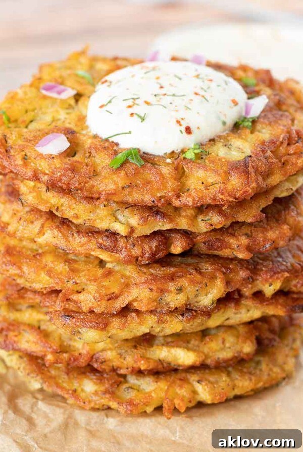 Stack of golden-brown Potato Latkes, crispy and savory.