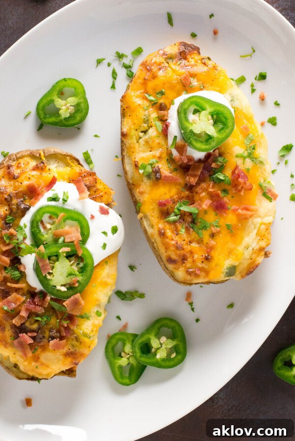 Jalapeno Popper Twice-Baked Potatoes on white plate, a spicy and cheesy fusion.
