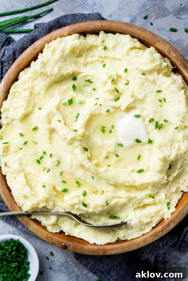 Creamy sour cream mashed potatoes, perfectly fluffy and rich, ready to serve.