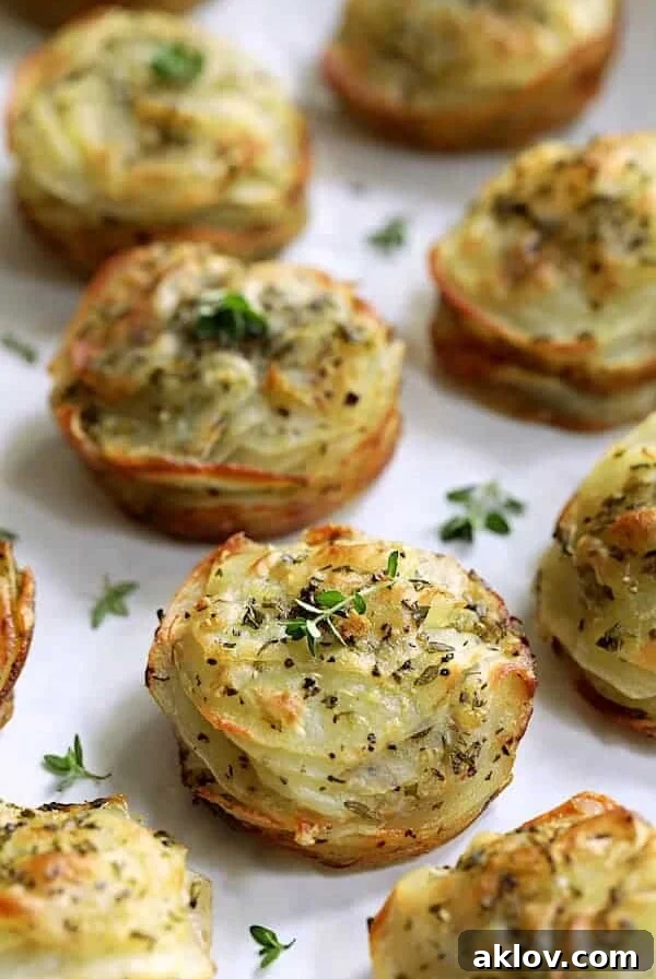 Garlic Herb Muffin Pan Potato Galettes - Straight-on hero shot on white background garnished with fresh thyme, offering an elegant presentation.