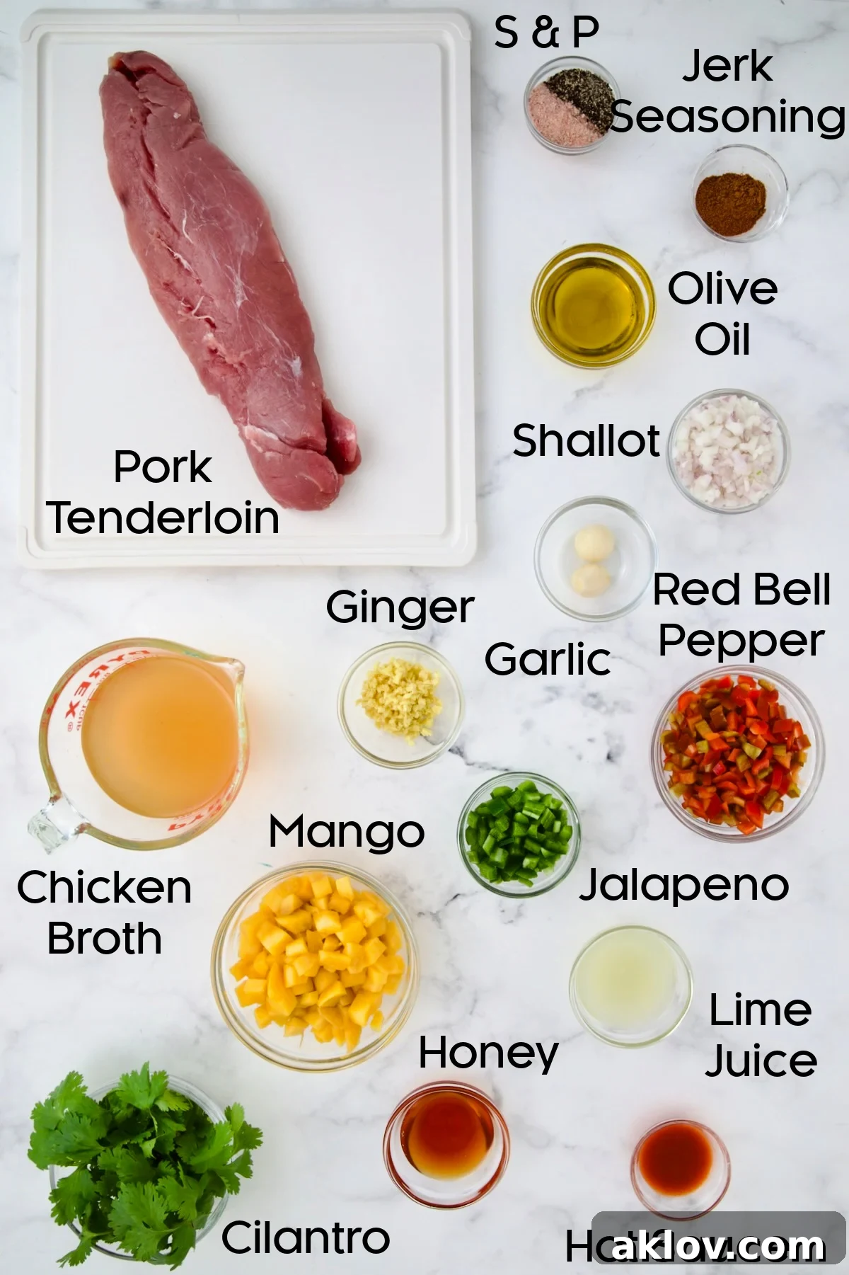 Ingredients for Caribbean Pork Tenderloin in glass bowls.