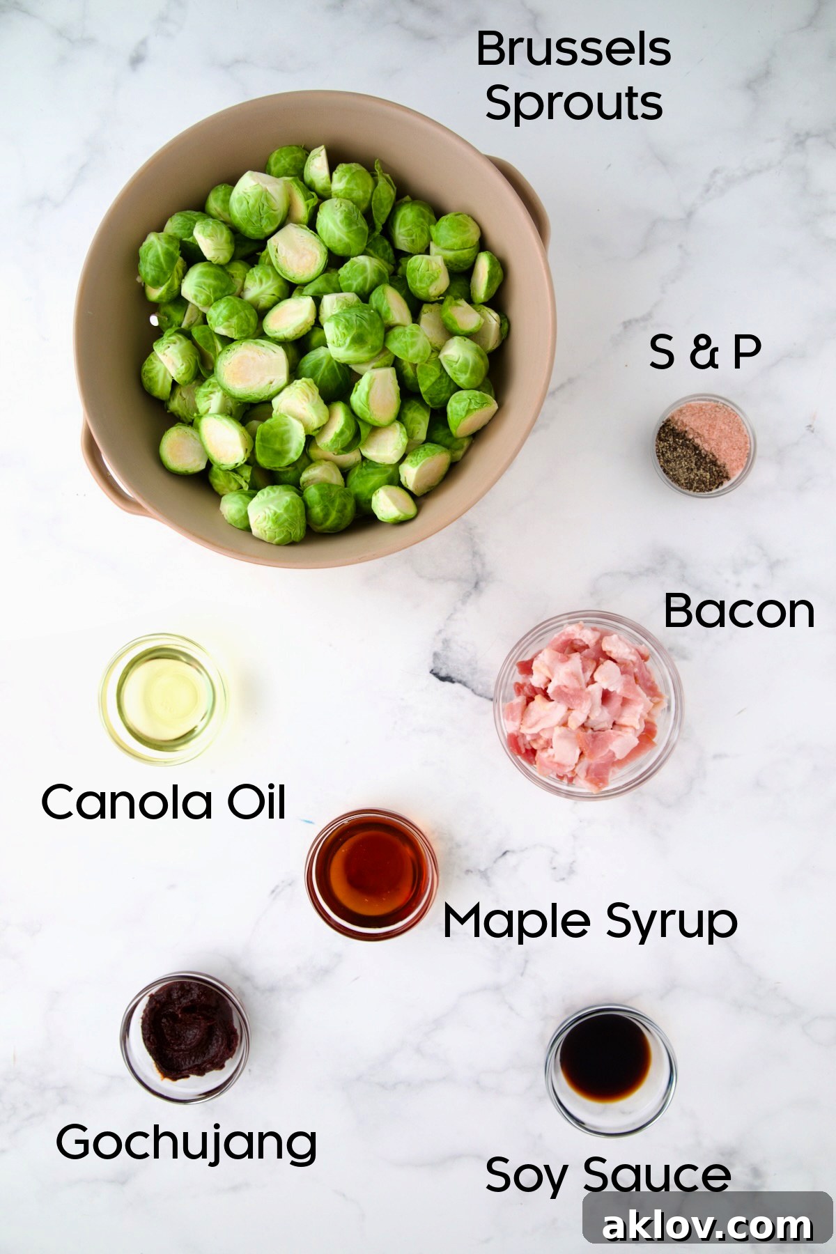 Ingredients for Maple Bacon Gochujang Brussels Sprouts in glass bowls.