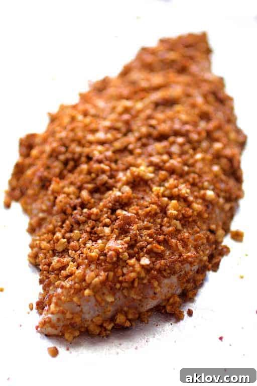 Photo of catfish fillet with pecan coating before being baked.
