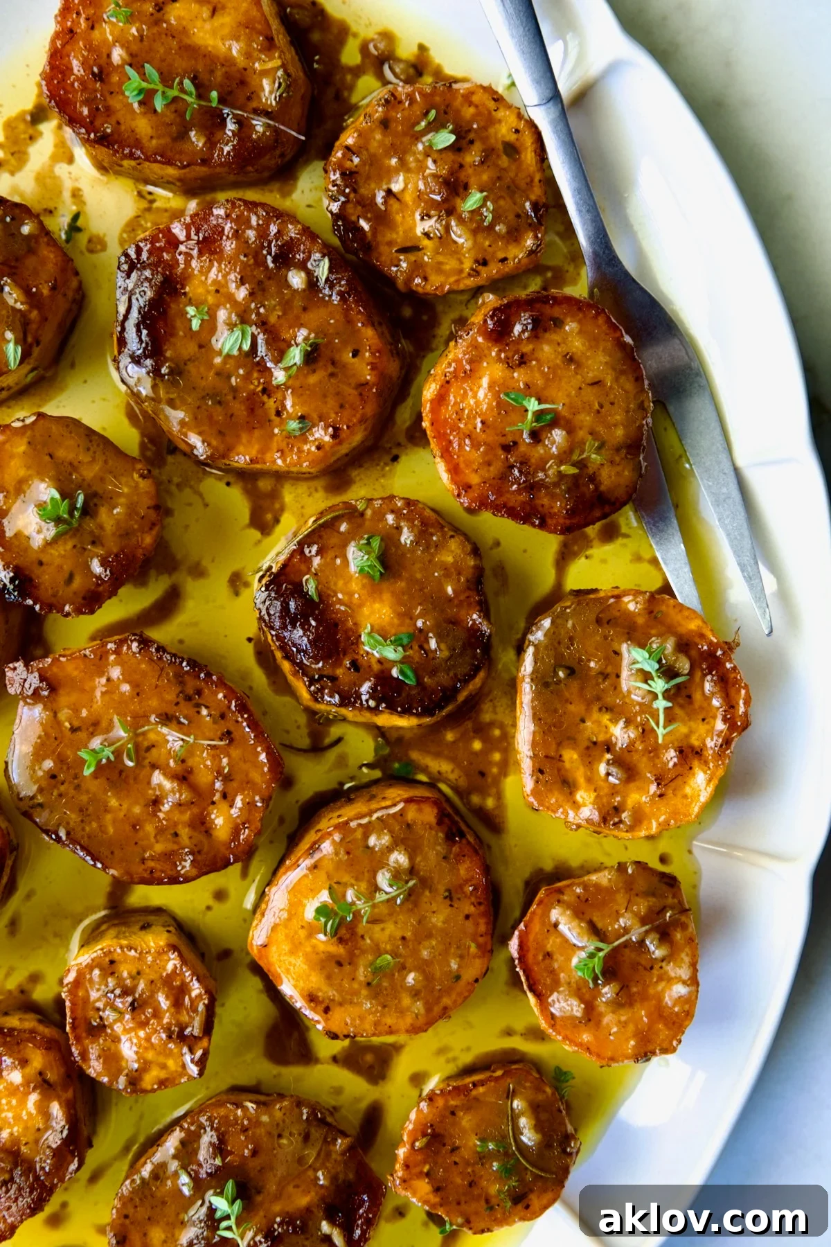Fondant Sweet Potatoes garnished with fresh thyme on white oval platter.