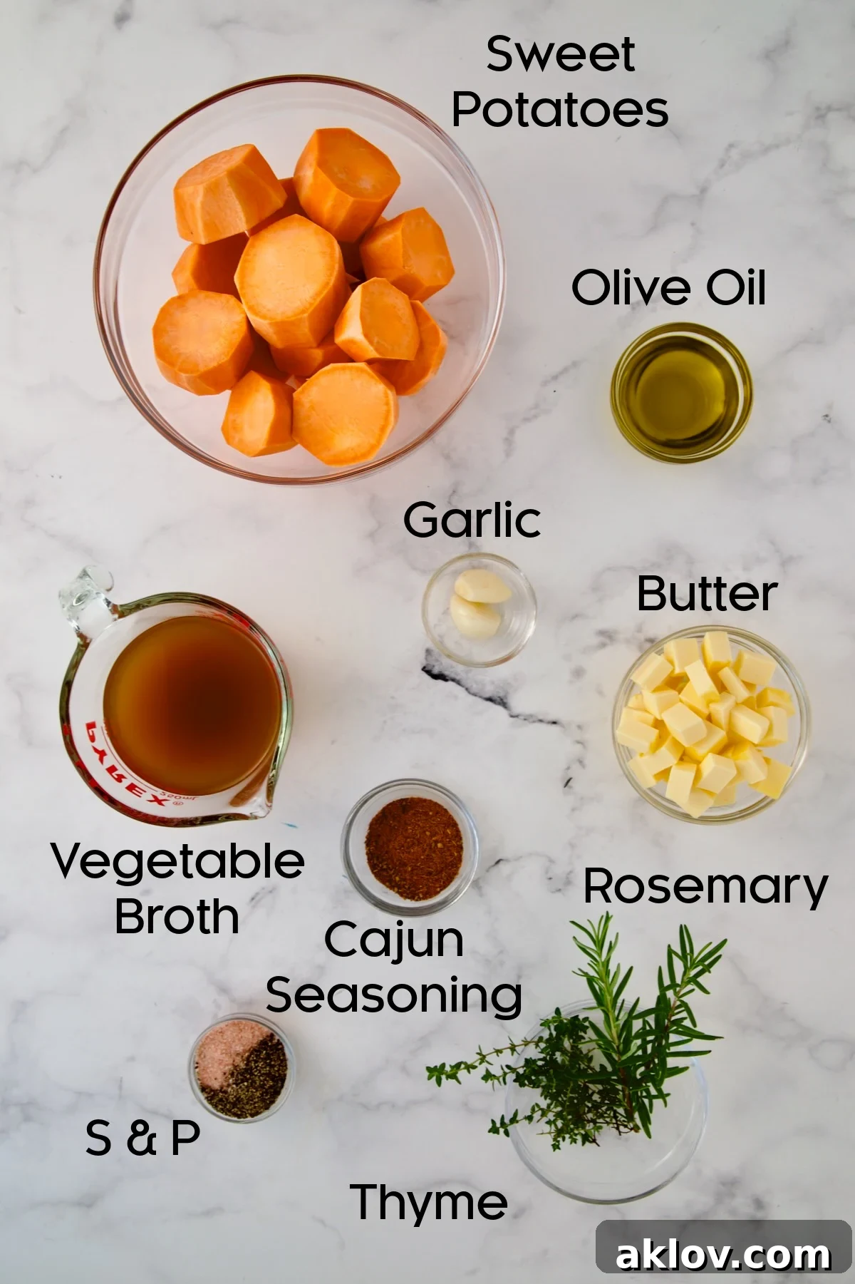 Ingredients for Fondant Sweet Potatoes in glass bowls.