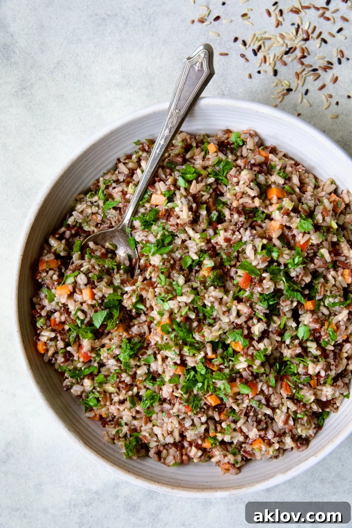 A vibrant Wild Rice Pilaf presented in an elegant white serving bowl, ready to be served with a silver spoon.