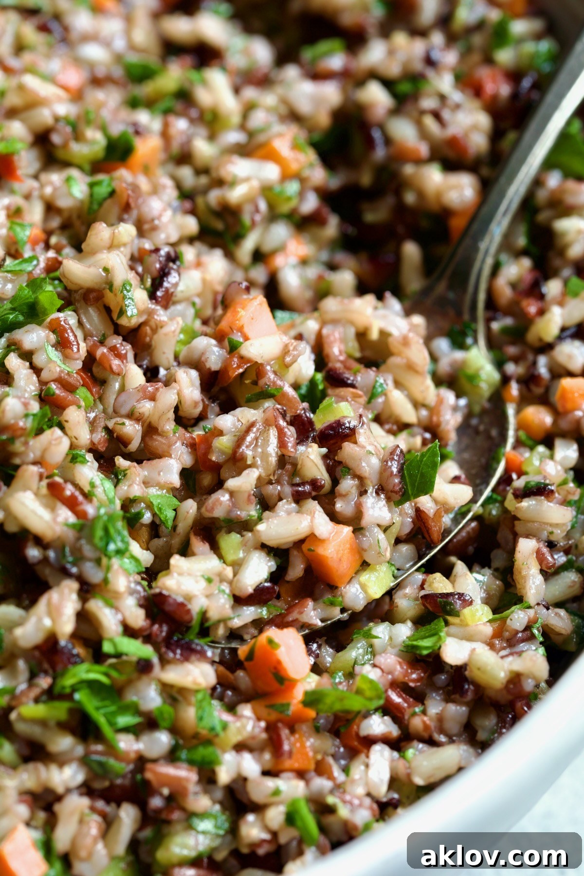 A large serving of Wild Rice Pilaf beautifully arranged in a white bowl, ready to be enjoyed as a festive side dish.