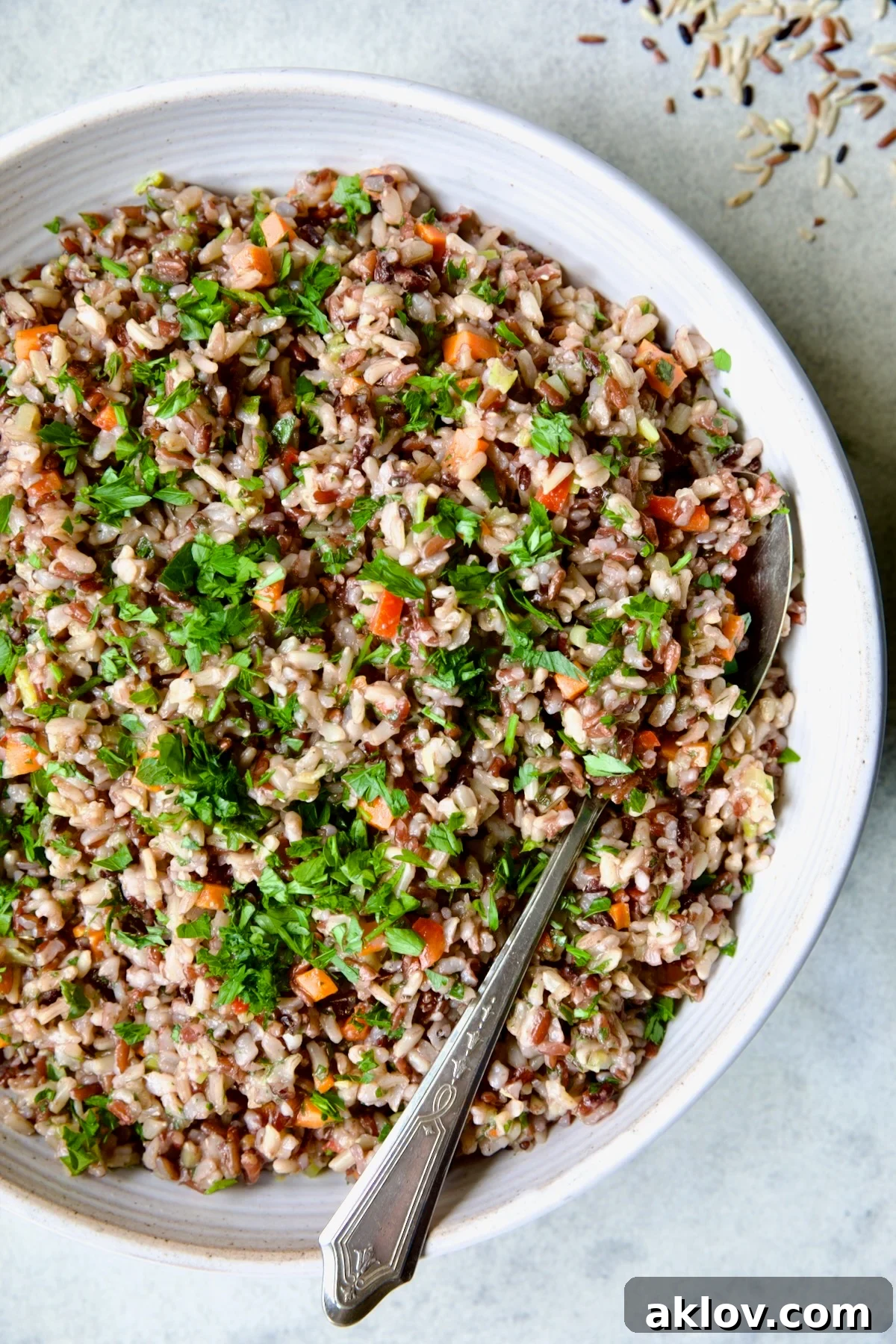 An inviting close-up of Wild Rice Pilaf, showcasing its rich textures and vibrant colors, ready for serving.