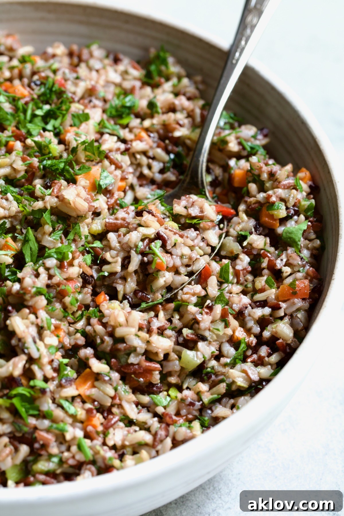 Close-up shot of Wild Rice Pilaf with a serving spoon, highlighting its rich texture and medley of ingredients in a white bowl.