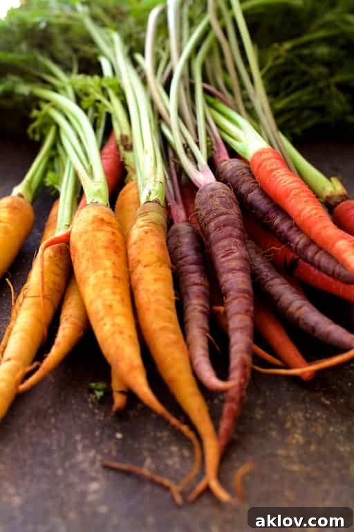 A vibrant photo showcasing an assortment of multicolored carrots with their leafy green tops intact, ready for preparation.