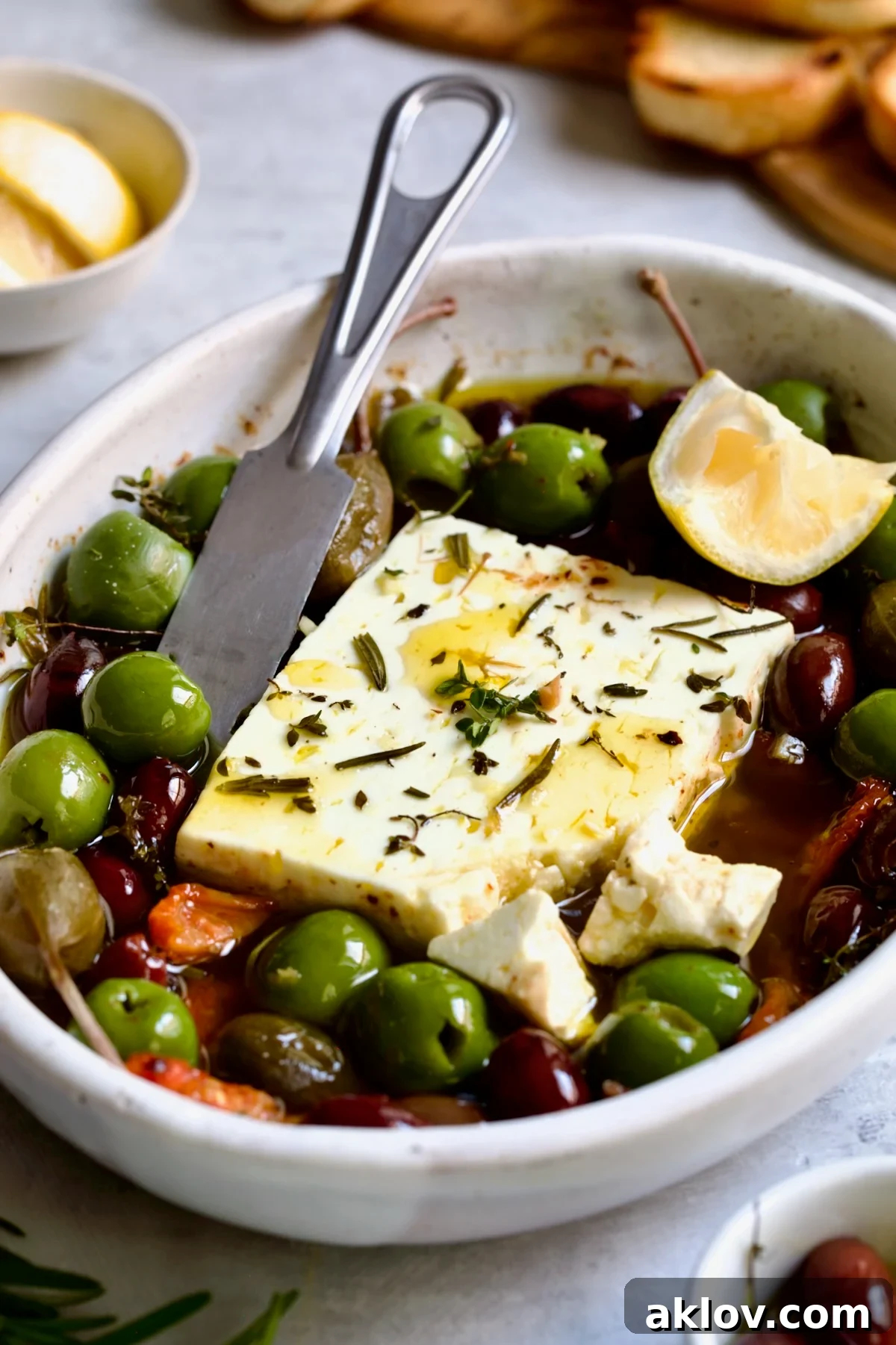 Baked Feta Cheese and Olives in white oval baking dish with serving knife.