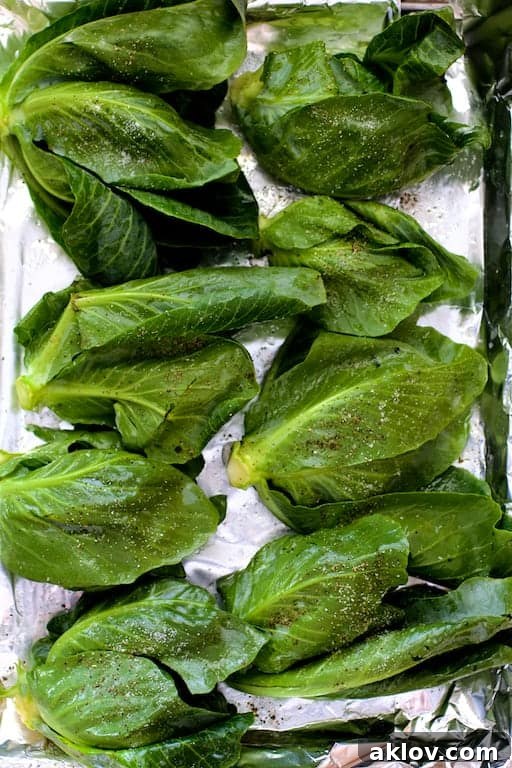 Fresh cabbage sprouts arranged neatly on a baking sheet, ready for roasting.