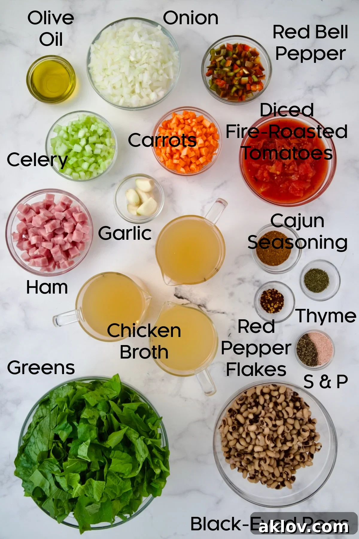 Ingredients for Black-Eyed Pea Soup in glass bowls.