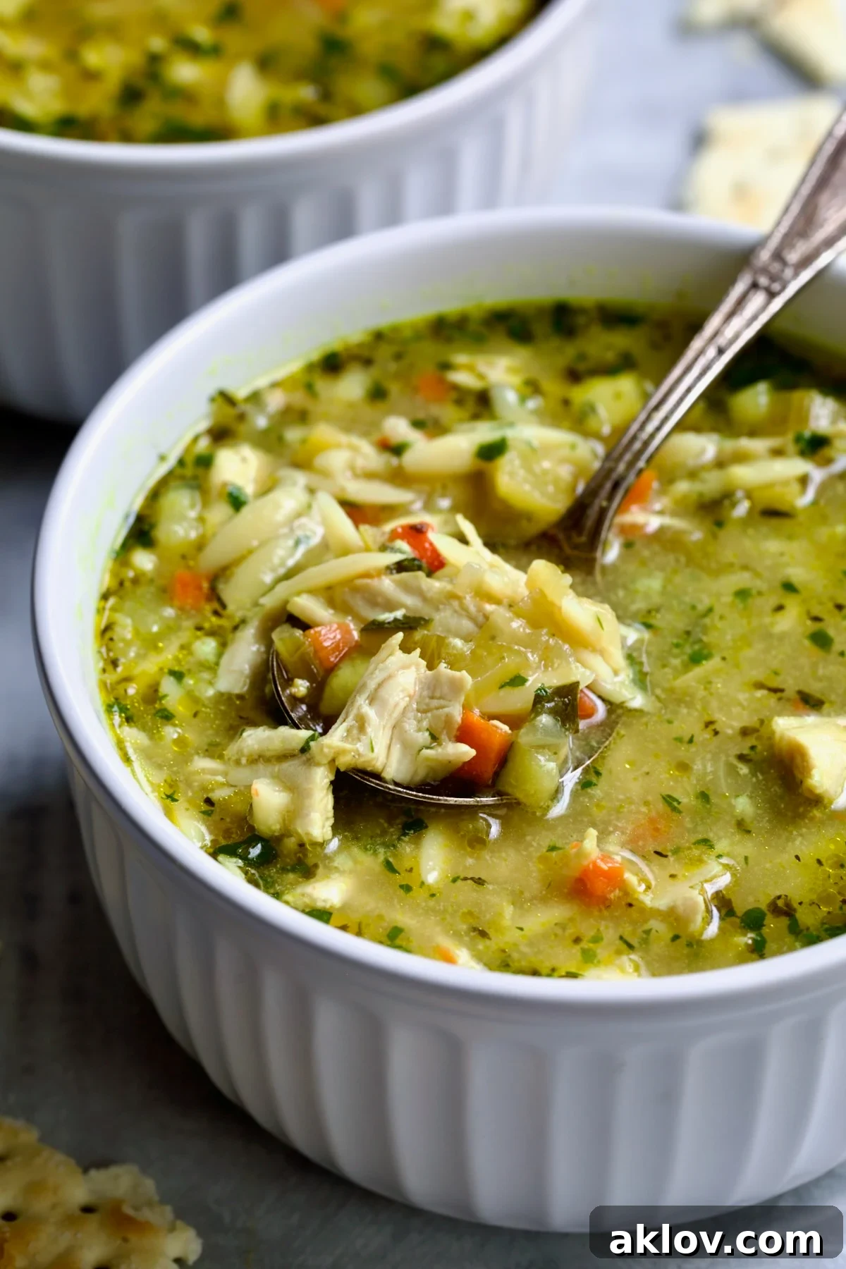 One serving of Chicken Vegetable Soup with Orzo in white bowl.