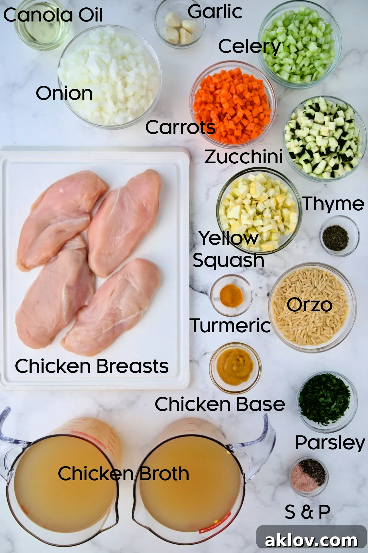 Ingredients for Chicken Vegetable Soup with Orzo in glass bowls.