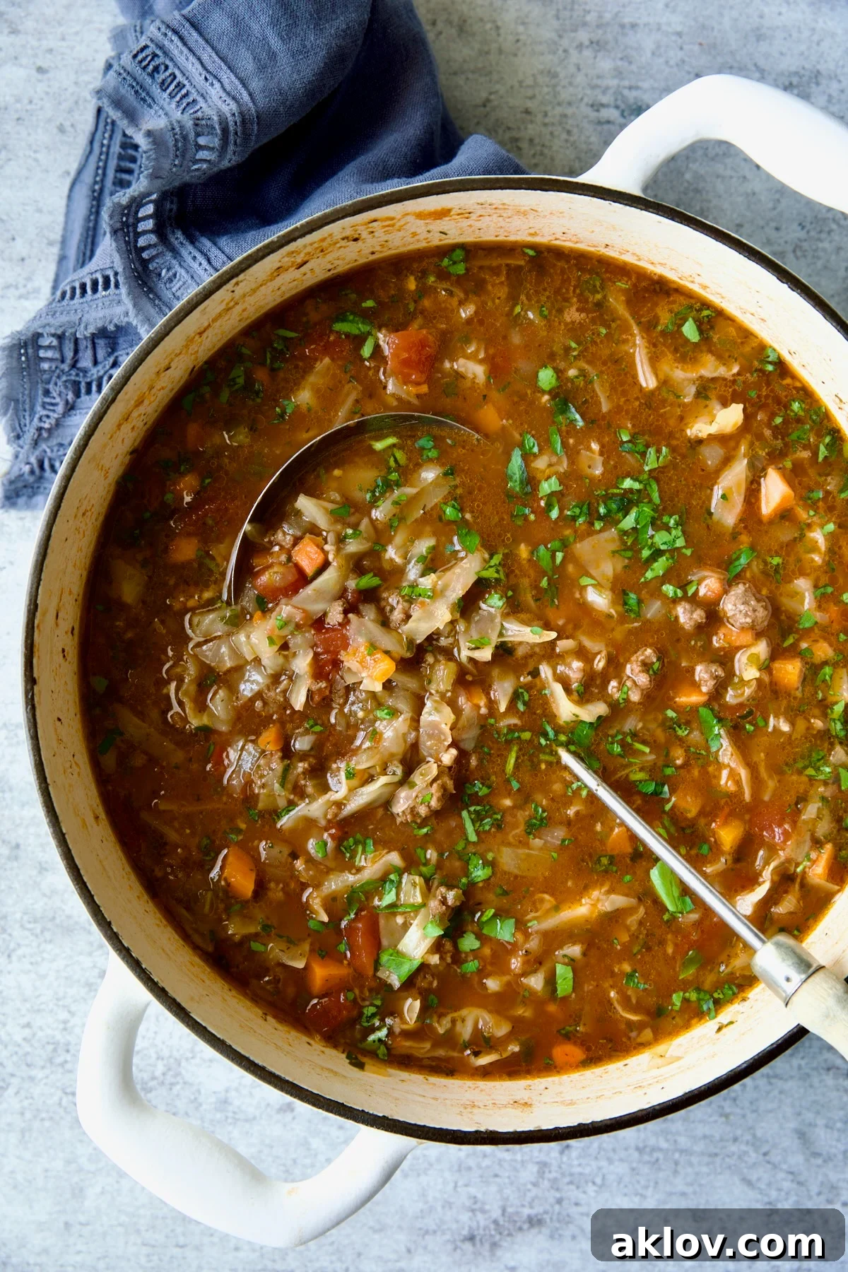Beef and Cabbage Soup in white Dutch oven with soup ladle.
